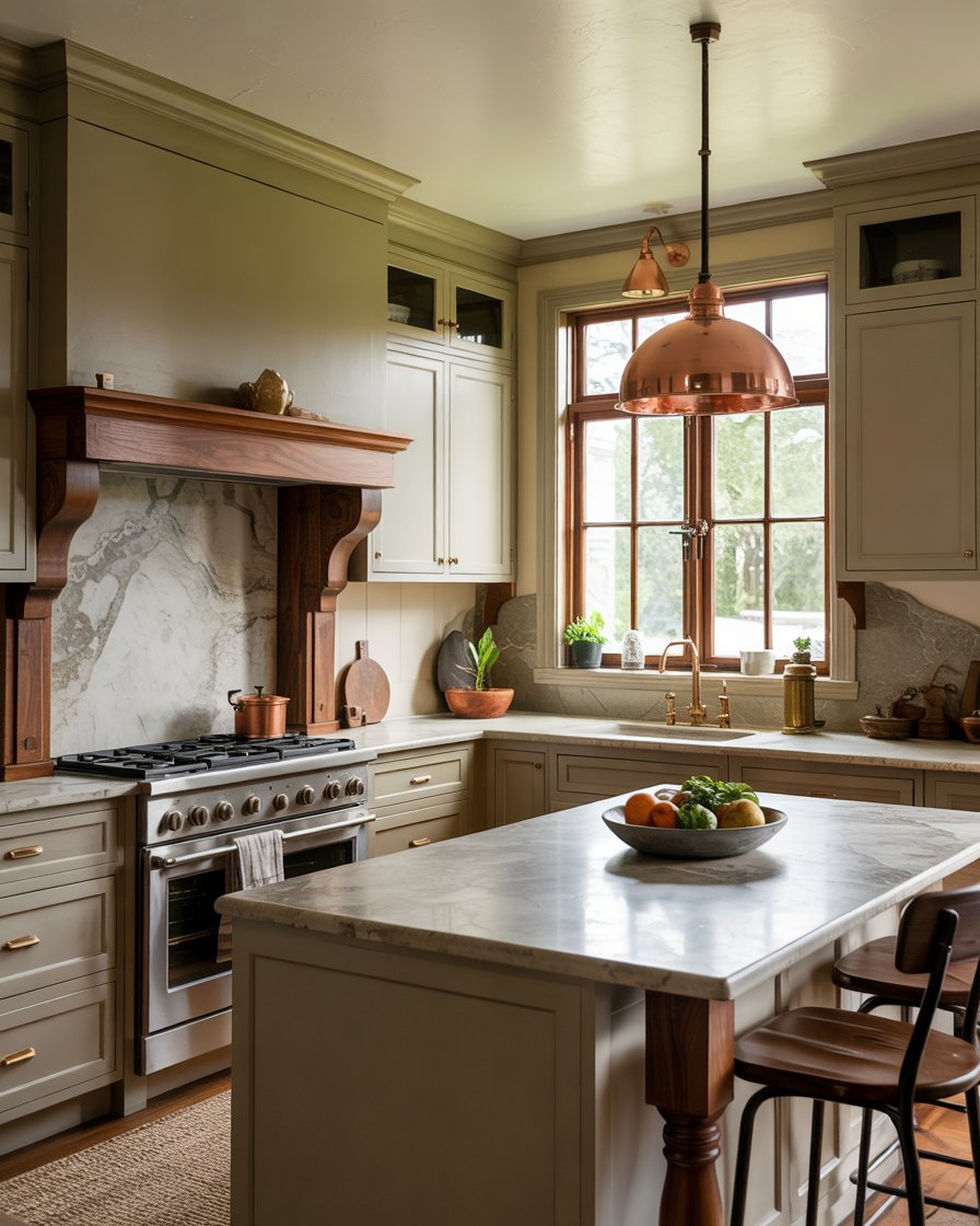 Matte olive kitchen cabinets