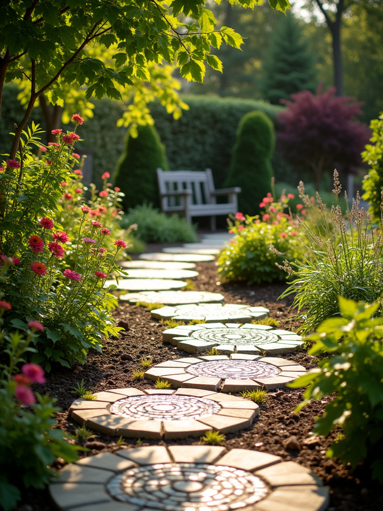 Decorative stepping stones pathway winding through a lush backyard garden.