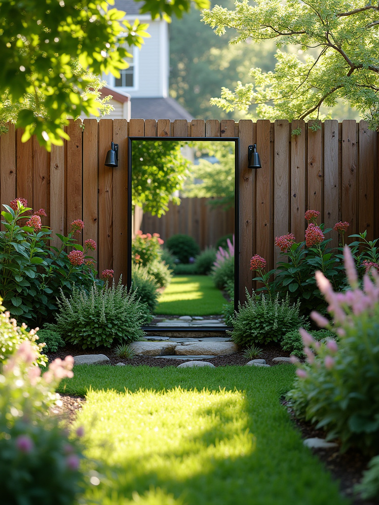 Outdoor mirror reflecting garden, making backyard look bigger