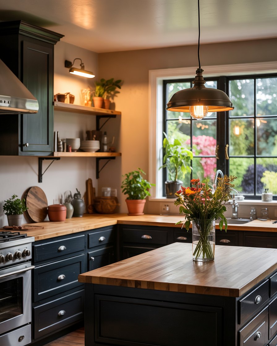 Butcher block countertop with matte black cabinets