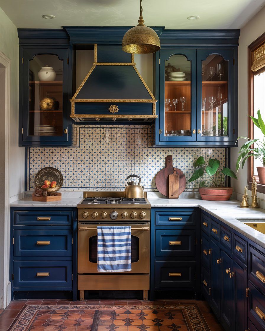 Indigo lacquer kitchen cabinets