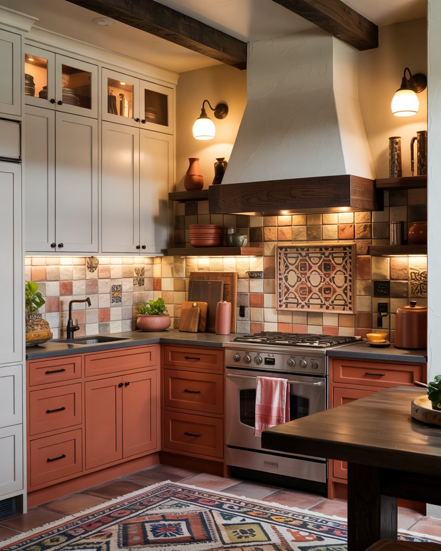 Terracotta and cream kitchen cabinets
