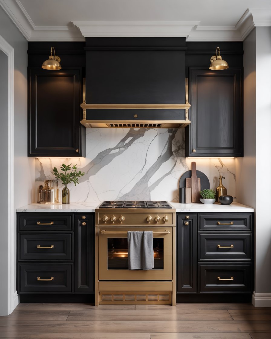 Matte black cabinets with brass hardware