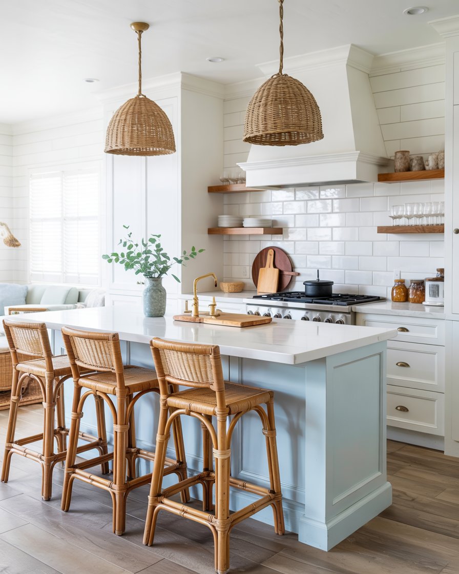 Pale blue and white kitchen cabinets