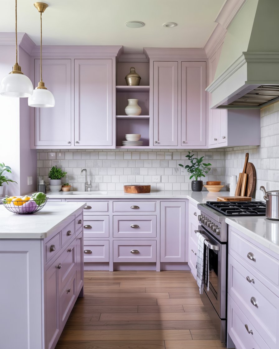 Soft lavender kitchen cabinets