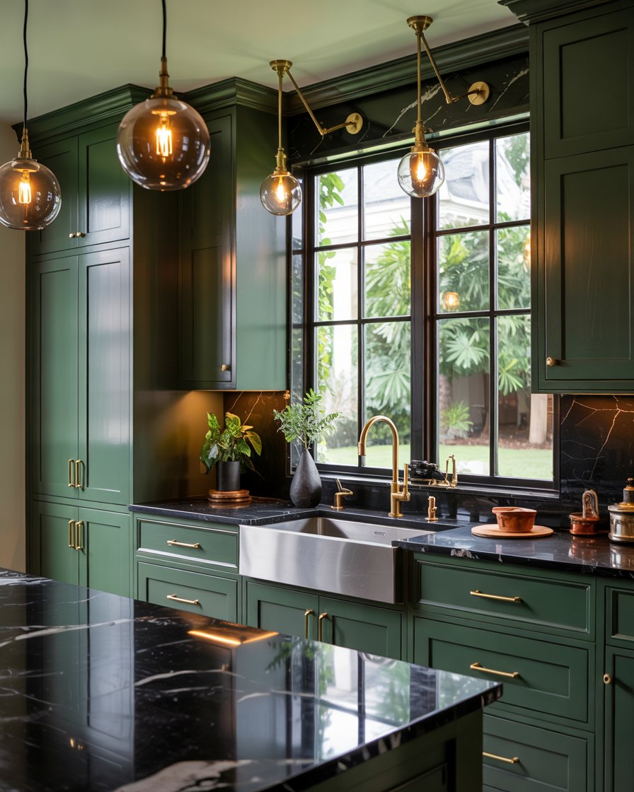 Midnight green kitchen cabinets