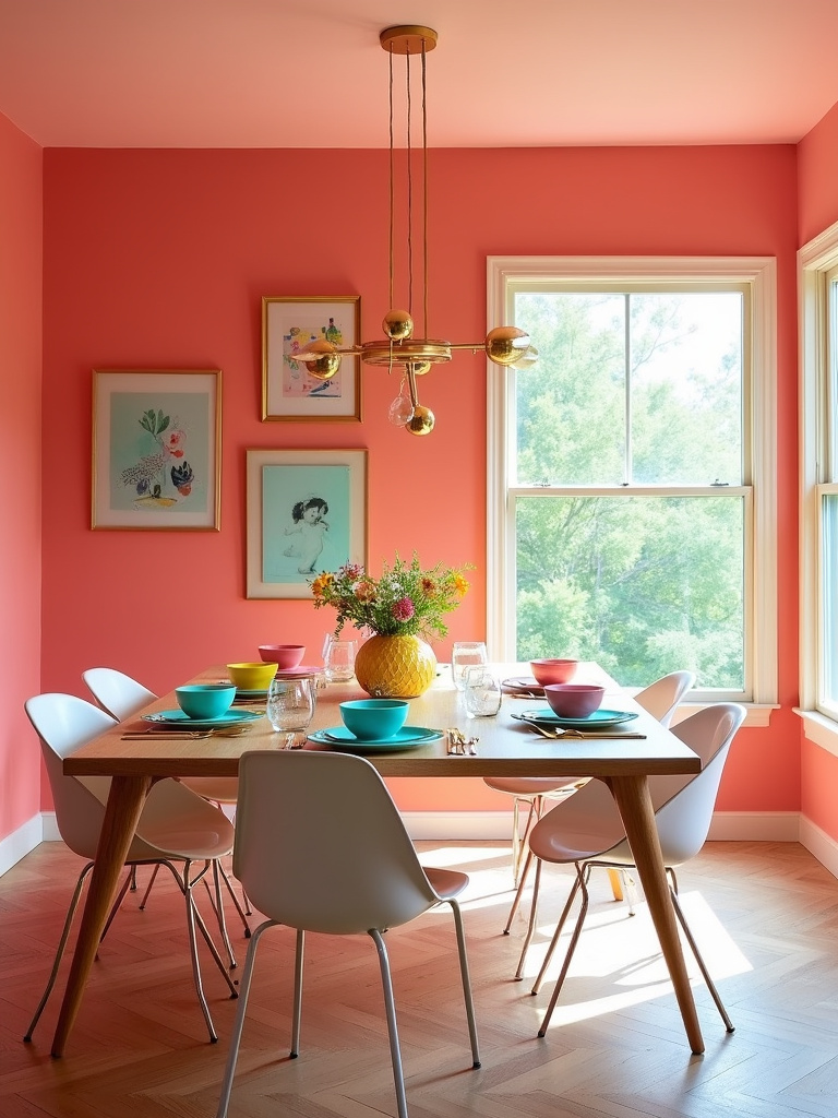 Dining room with vibrant coral walls and colorful tableware