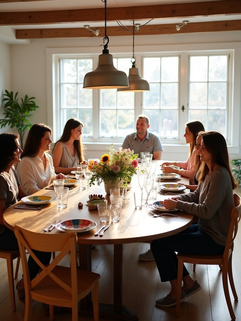 Round dining table encouraging conversation and social gathering in a modern farmhouse dining room.