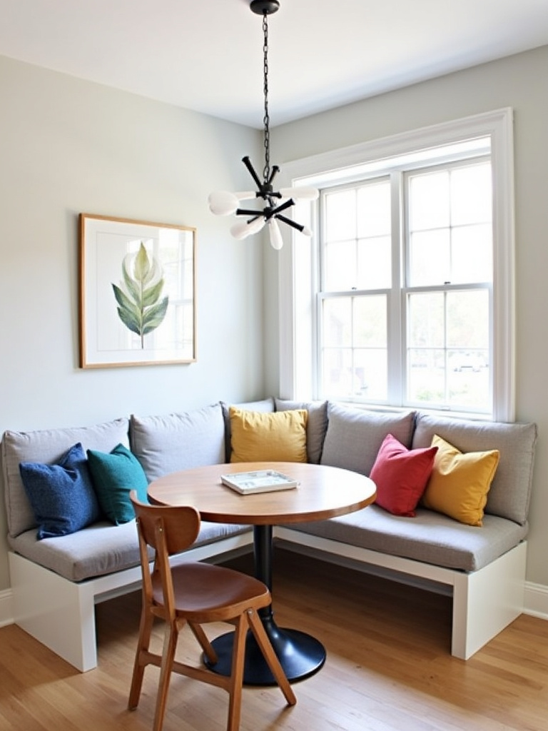 Cozy dining room with L-shaped banquette seating and modern pendant light
