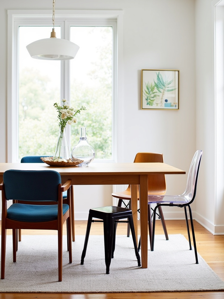 Eclectic dining room with mismatched chairs in various styles and colors.
