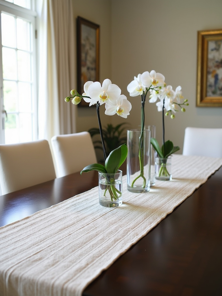 Dining room table with cream runner and orchid centerpiece.
