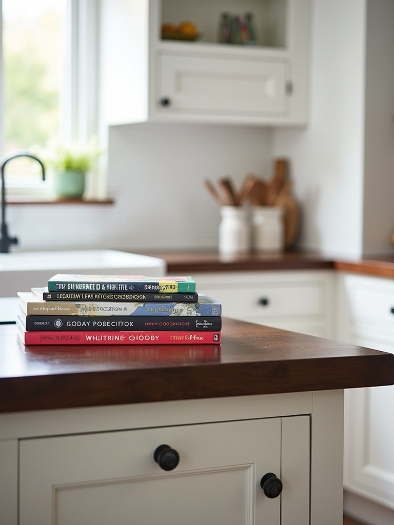 Stylish cookbooks displayed on a wooden cookbook stand on a dark wood kitchen island.