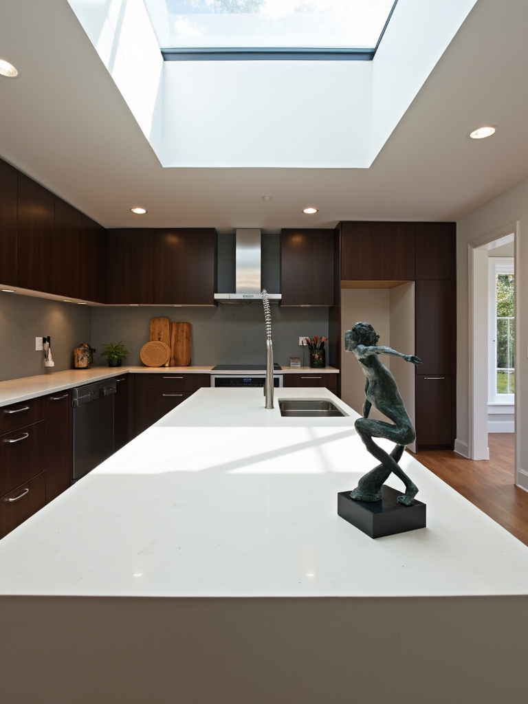 Small abstract bronze sculpture on a white concrete kitchen island in a contemporary kitchen.