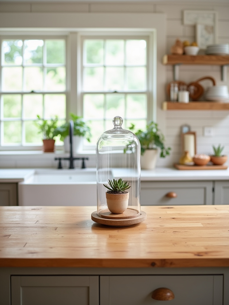 Glass cloche with a small succulent plant displayed on a farmhouse butcher block kitchen island.