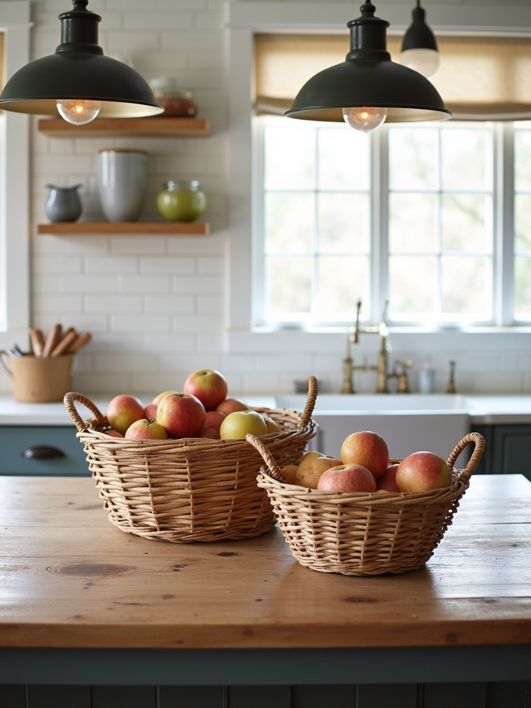 Woven rattan baskets filled with fruits and vegetables on a farmhouse reclaimed wood kitchen island.