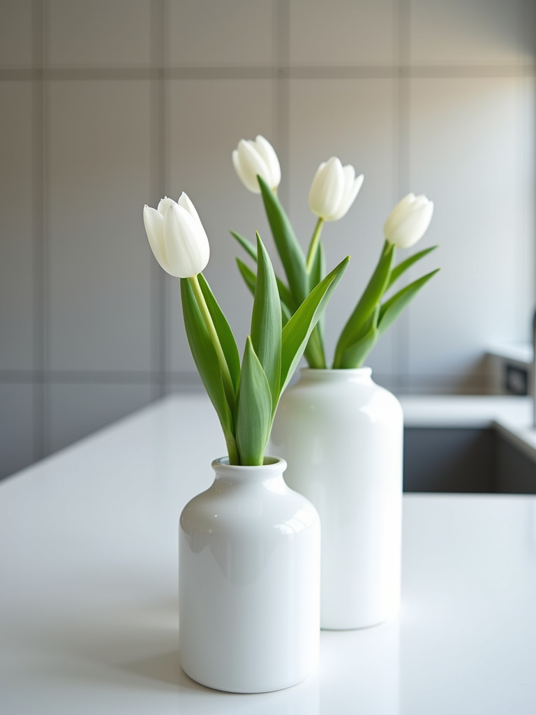 Minimalist white ceramic vases with white tulip stems on a modern white quartz kitchen island.