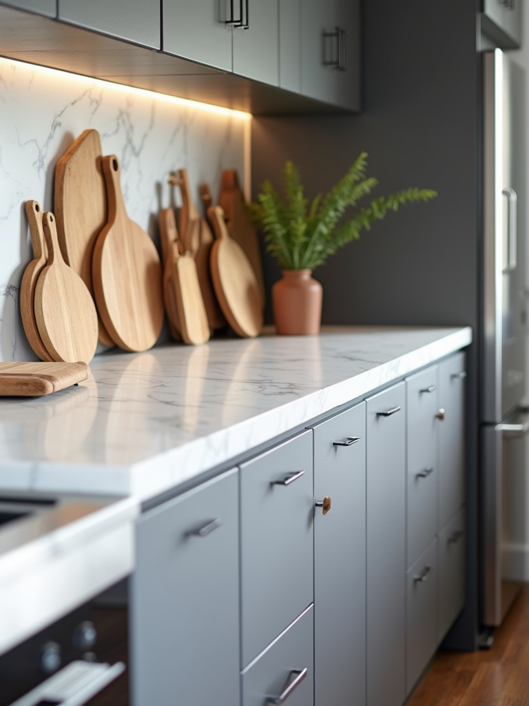 Collection of wooden cutting boards displayed against the backsplash on a white marble kitchen island.