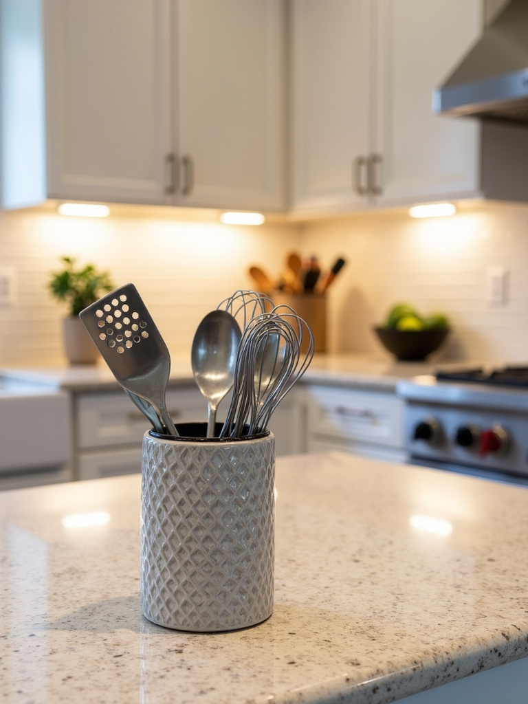 Unique ceramic utensil holder with stainless steel cooking utensils on a light granite kitchen island.