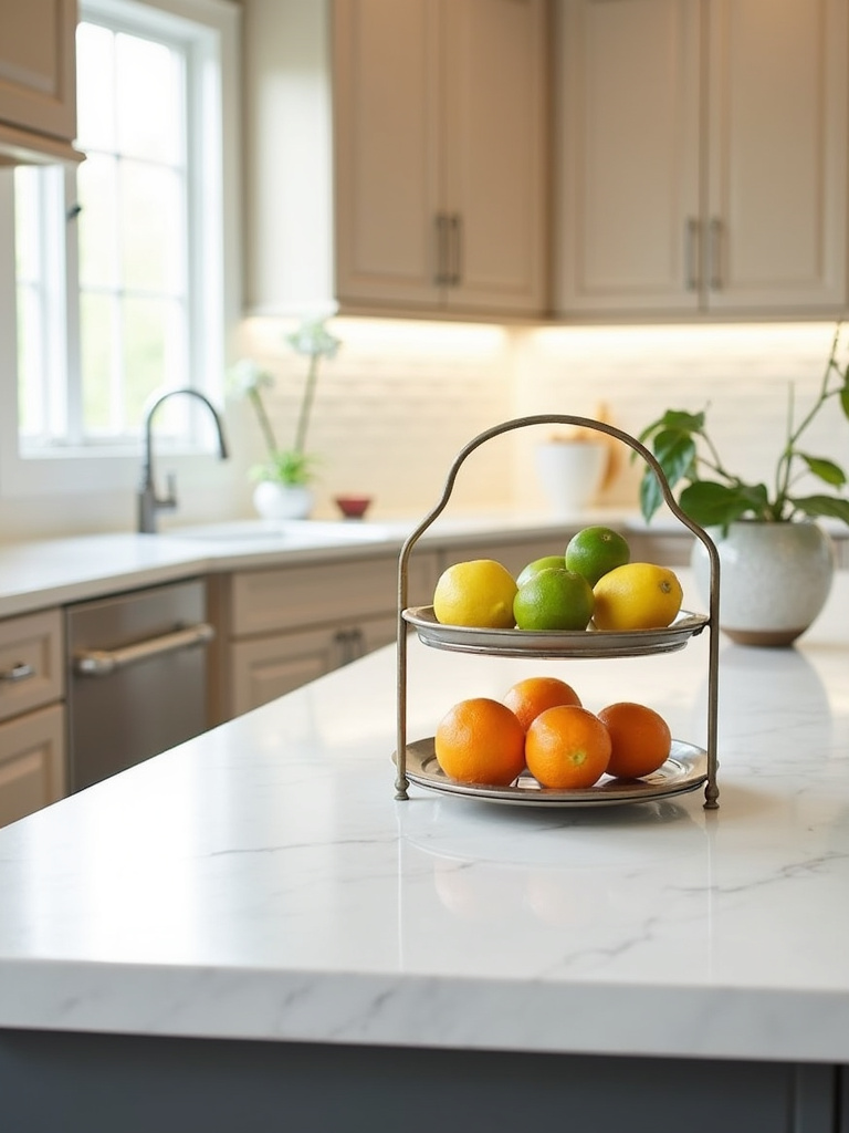 Two-tiered metal stand displaying citrus fruits on a modern white quartz kitchen island.