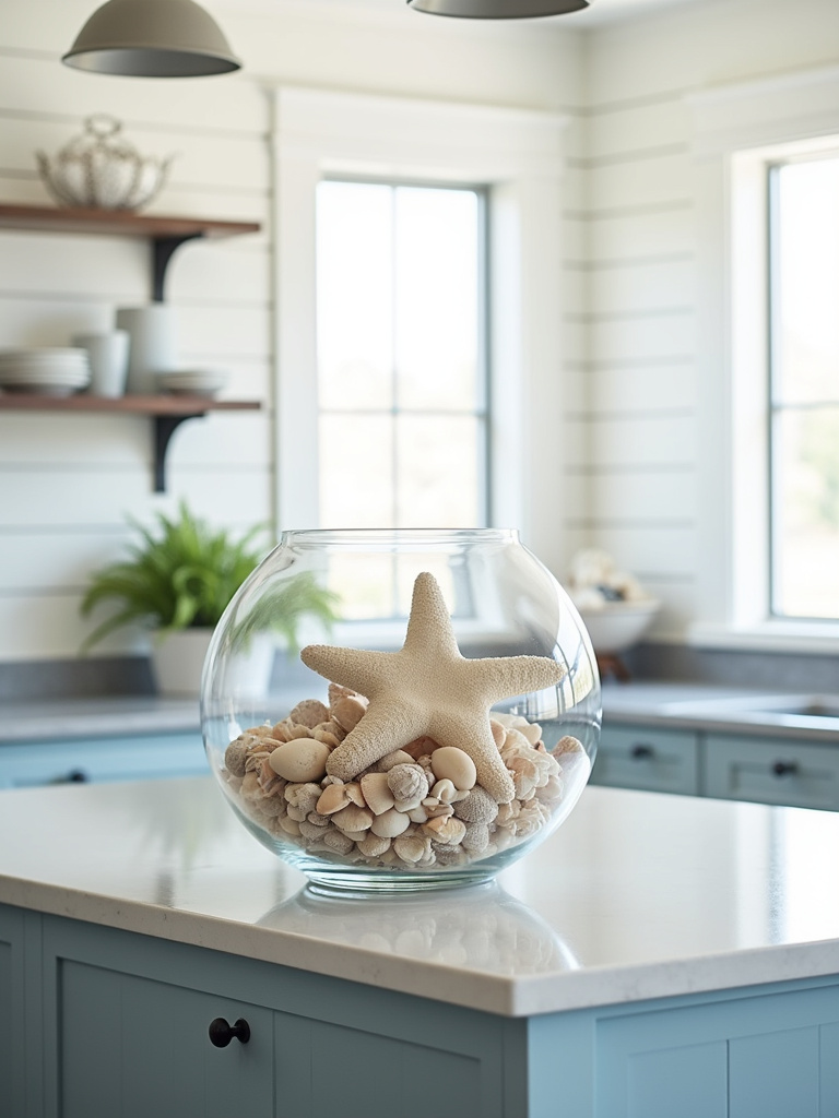 Large glass bowl filled with seashells and starfish on a coastal style kitchen island.