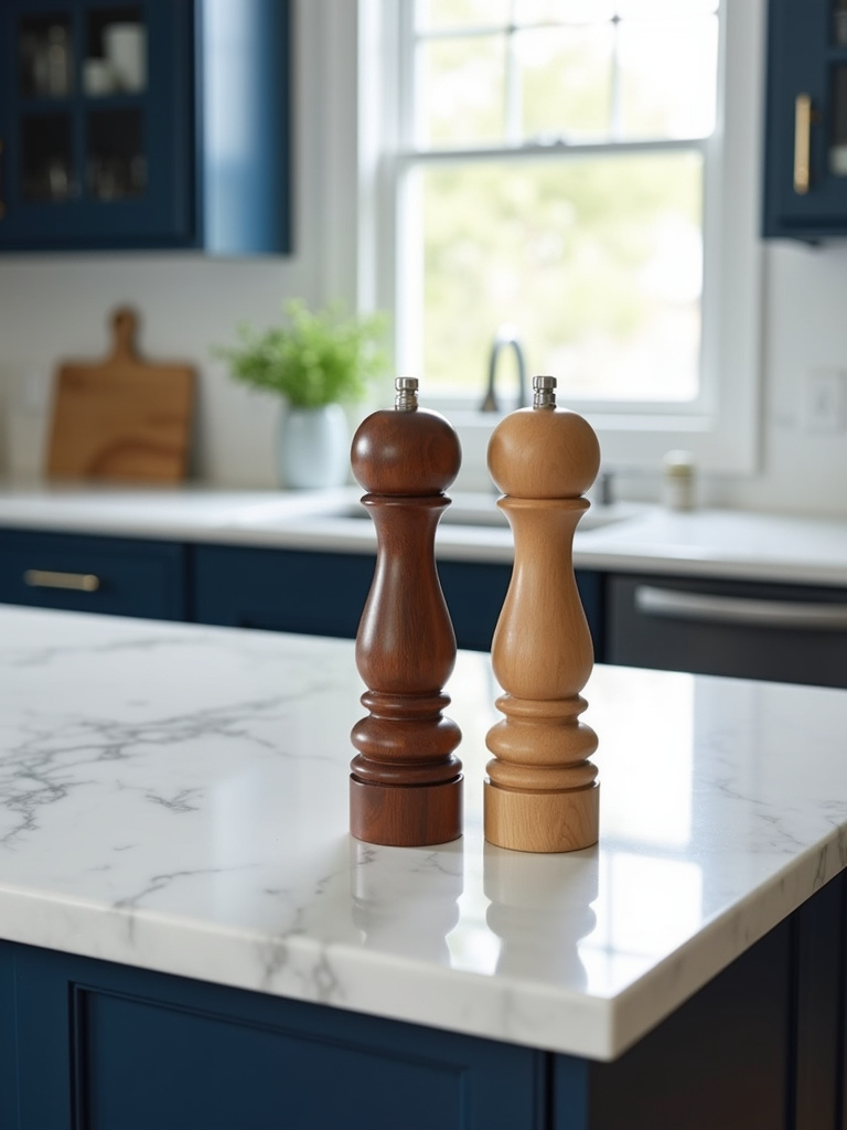 Designer wooden salt and pepper grinders on a contemporary white marble kitchen island.
