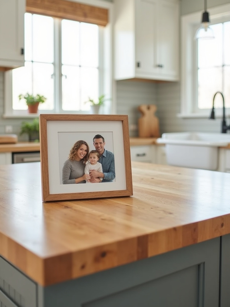 Framed family photo in a simple wooden frame on a farmhouse butcher block kitchen island.