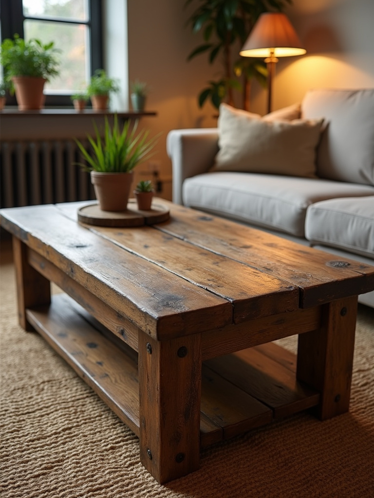 Rustic living room featuring a central distressed wood coffee table with a weathered finish under warm lamp light.