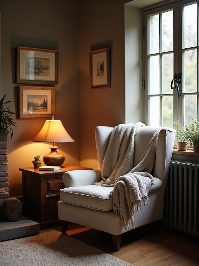 Cozy rustic reading nook with a linen armchair, side table, and lamp bathed in soft light.