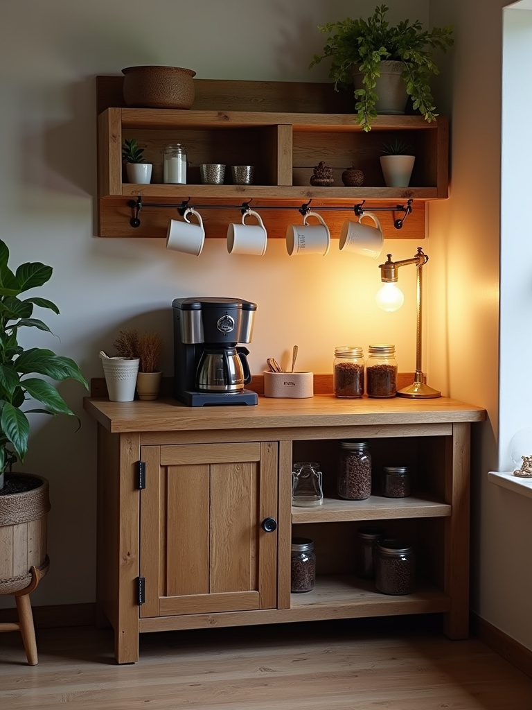 Rustic coffee bar station in a living room corner made of reclaimed wood, featuring a vintage coffee maker and mason jars.