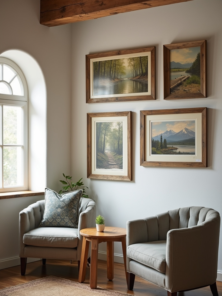 Rustic living room gallery wall featuring framed nature prints and vintage photos in rustic wood frames, lit by natural light.