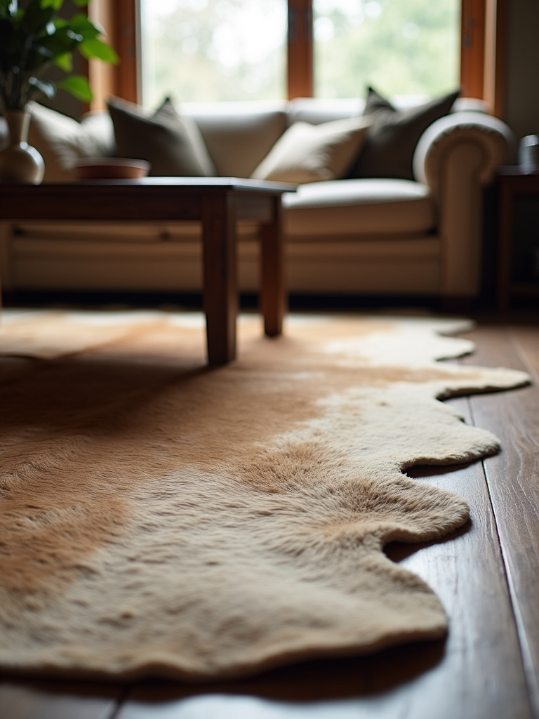 Rustic living room seating area featuring a faux hide rug under a coffee table, illuminated by soft natural light.