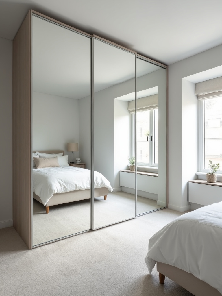 Compact bedroom with full-length mirrored wardrobe reflecting bed and window, enhancing brightness and spaciousness.