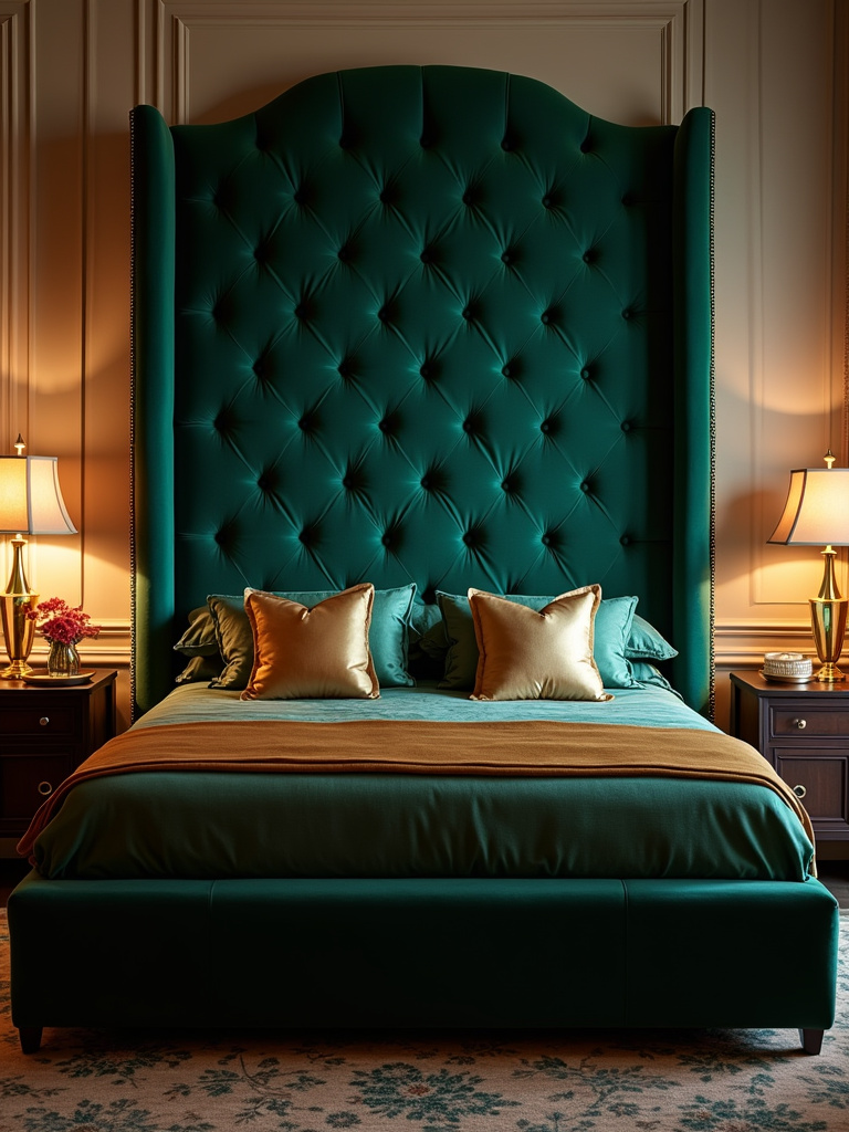 Luxurious bedroom with king bed and tall emerald green velvet tufted headboard, gold-accented lamps, jewel-toned bedding, and patterned rug creating an inviting ambiance.