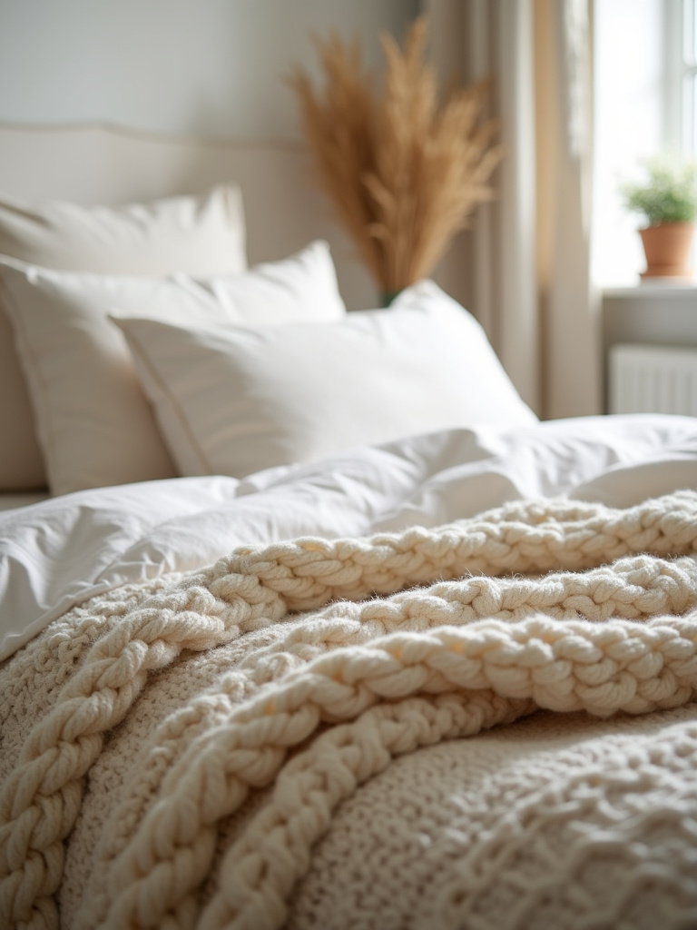 Close-up of cozy bed with textured linen duvet, soft cotton sheets, and chunky knit throw in neutral tones, illuminated by natural light.