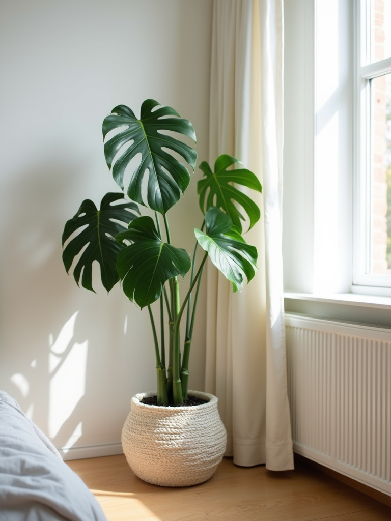 Bedroom corner with large monstera plant in decorative pot, illuminated by natural light, adding freshness to minimalist Scandinavian-style room.