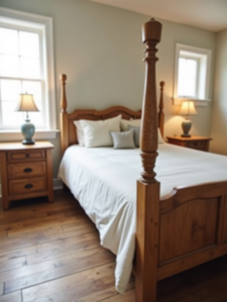 Bedroom with rustic wooden bed frame and nightstands showing wood grain, complemented by light bedding and natural light, creating cozy farmhouse ambiance.