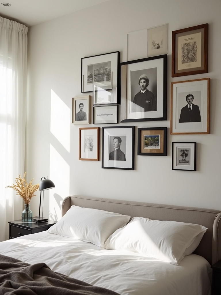 Bedroom wall above headboard featuring a gallery wall with framed art prints, black and white photos, and a small mirror, creating a personalized artistic statement.