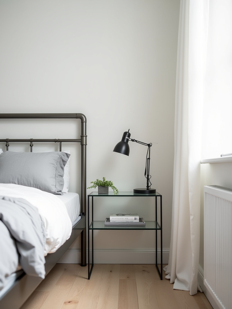 Modern bedroom corner with metal bed frame, glass nightstand, metal lamp, and light gray bedding, illuminated by natural light highlighting sleek design.