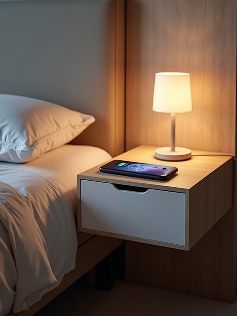 Modern bedroom nightstand with built-in wireless charging pad and USB ports, showcasing sleek, tech-savvy design.