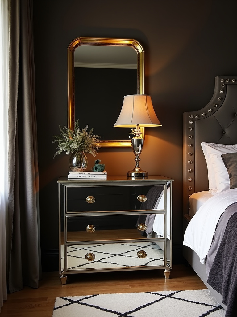 Art Deco bedroom corner with mirrored dresser, gold hardware, gold-framed mirror, velvet headboard, geometric rug, and metallic lamp, exuding glamour.