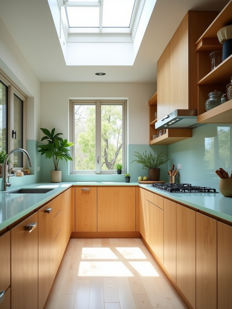 A bright and airy eco-friendly kitchen featuring natural wood cabinets, bamboo accents, and a countertop made of recycled glass, illuminated by natural skylight.