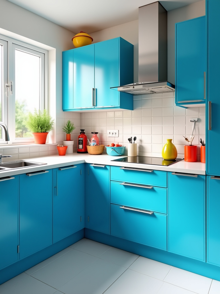 A vibrant kitchen with bold blue cabinets contrasting against white countertops, accented by colorful accessories and bright natural light, showcasing a playful color scheme.
