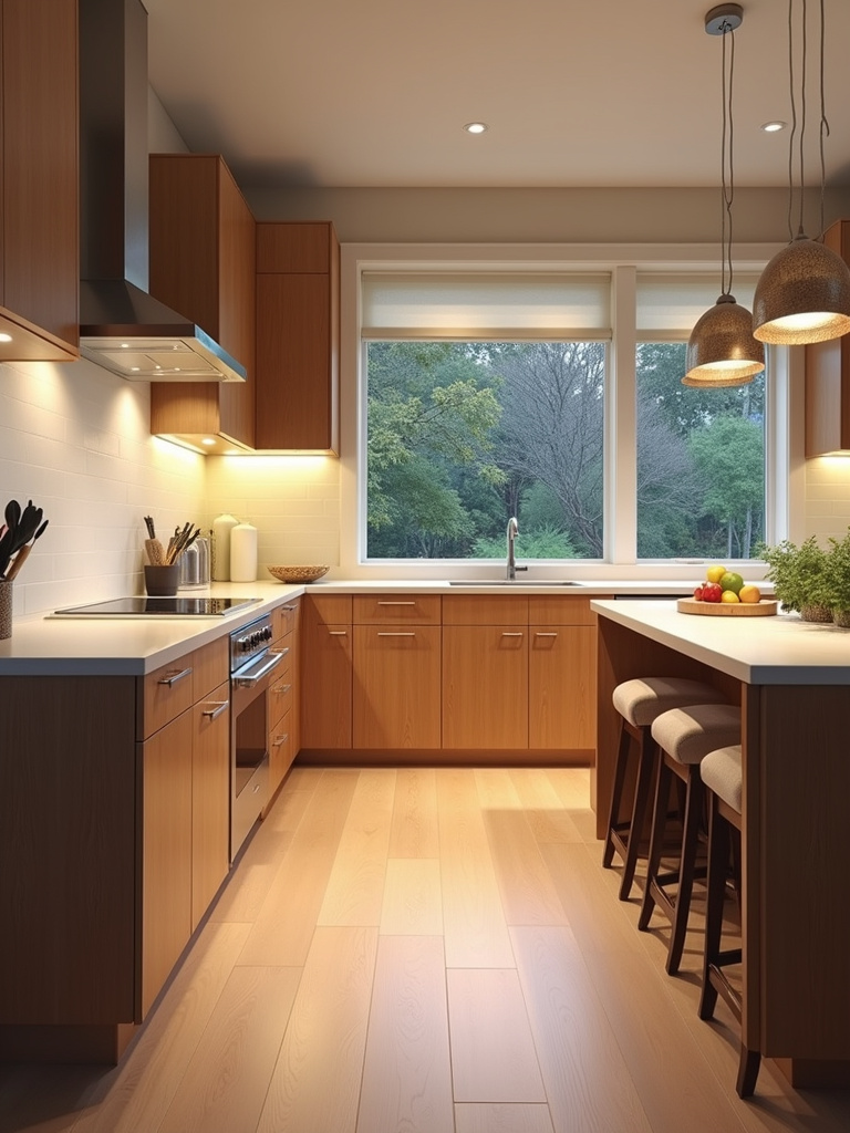 A thoughtfully designed ergonomic kitchen featuring varied countertop heights, pull-out shelves, and comfortable counter seating, illuminated with warm, inviting light to emphasize user comfort and functionality.