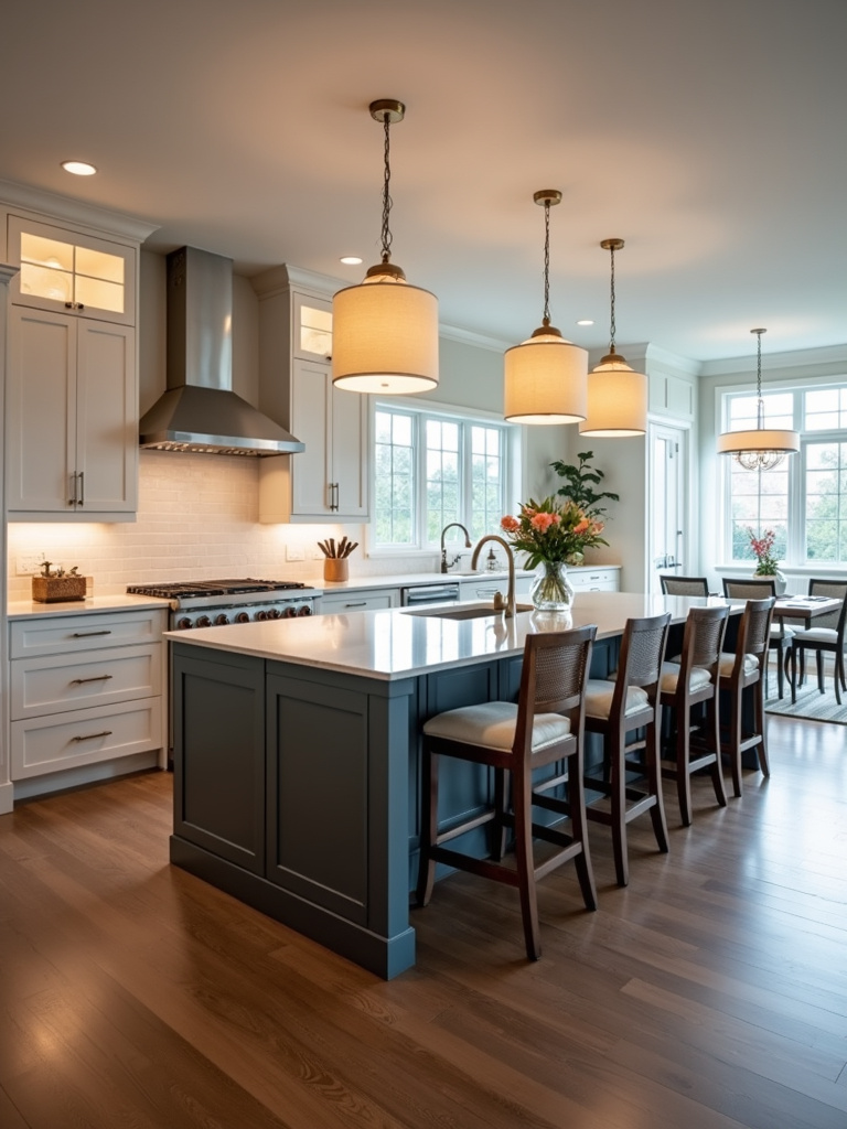 A spacious kitchen centered around a large, multi-functional island with a cooktop and bar seating, illuminated by warm pendant lights, emphasizing the island as the kitchen's focal point.