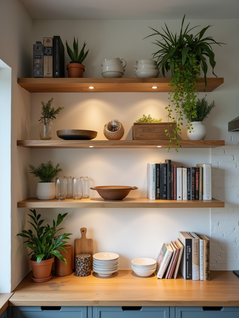 A close-up of open wooden kitchen shelves stylishly arranged with dishes, glassware, plants, and cookbooks, illuminated by soft spotlights to emphasize the curated display.