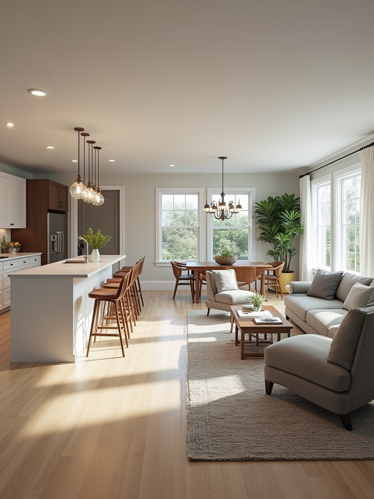 An open-concept living and kitchen space with a kitchen island serving as a central divider and social hub, featuring cohesive furniture styles and bright natural light to enhance the seamless flow.