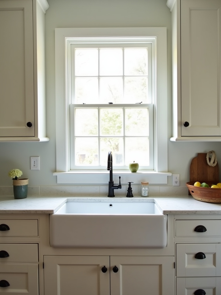 A classic, traditional kitchen featuring Shaker cabinets, a farmhouse sink, and classic hardware, illuminated by soft natural light from a window to create a timeless and gentle ambiance.