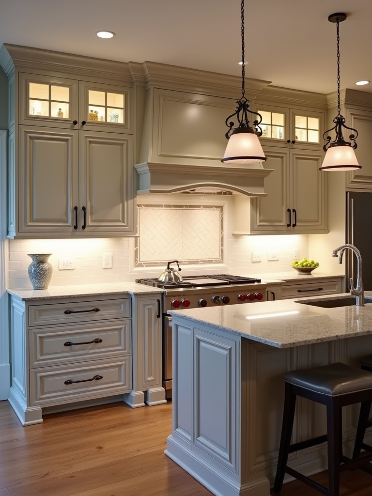A uniquely designed kitchen showcasing custom-built cabinets with distinctive details and finishes, illuminated by soft focused lighting to emphasize the craftsmanship and personalized aesthetic of custom kitchen furniture.