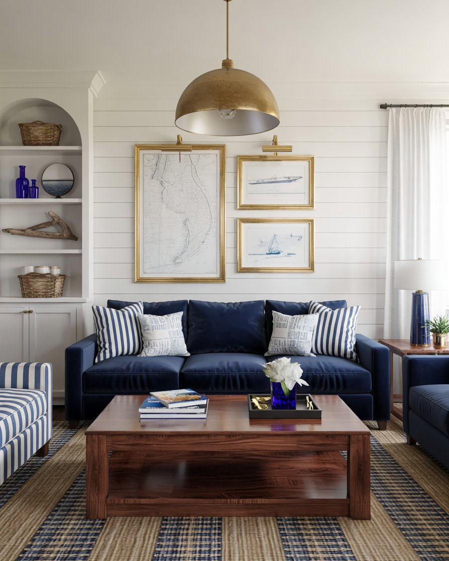Navy Sofa with Brass Accents