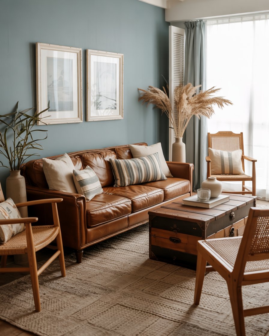Brown Leather Coastal Sofa